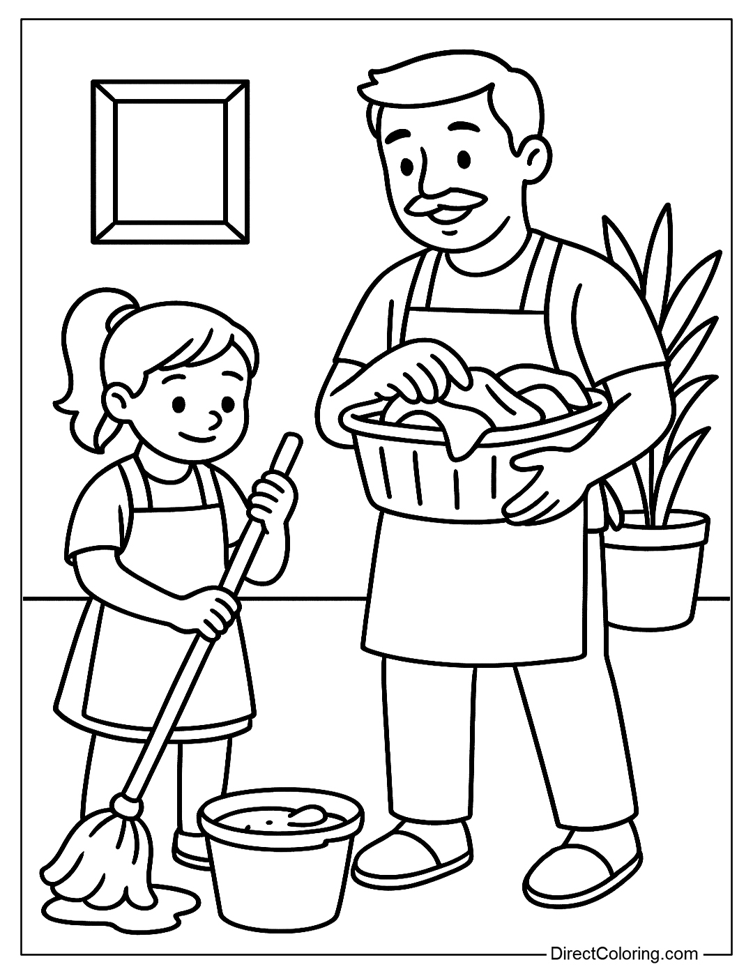 a coloring page of your child wearing an apron like Dad, doing chores together